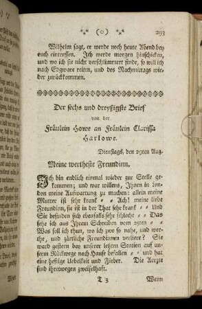 Der sechs und dreyßigste Brief von der Fräulein Howe an Fräulein Clarissa Harlowe. - Der vierzigste Brief von Fr. Norton an Fräulein Clarissa Harlowe.