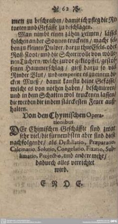 Von den Chymischen Operationibus.