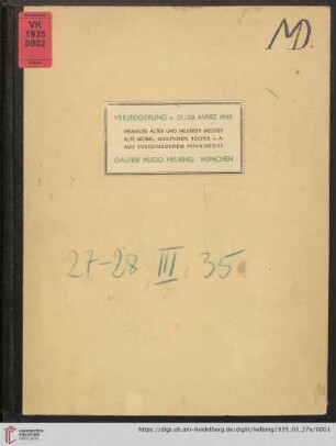 Gemälde neuerer Meister : Antiquitäten, alte Möbel, Skulpturen, Gemälde alter Meister, alte Bücher aus verschiedenem Privatbesitz; Versteigerung 27. und 28. März, 1935