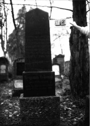 Grabstein 12 (Index: 99751701) Material: Granit Zustand: gut Maße HxBxT: 176x49x21 cm Beschreibung: Stele, getreppter Sockel, giebelartiger Abschluß Symbolik: segnende Hände, Blüten, eckige Voluten: Grabstein 12