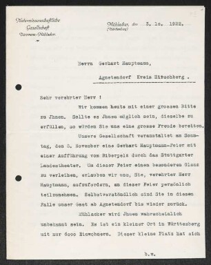 Brief von Alfred Emrich an Gerhart Hauptmann