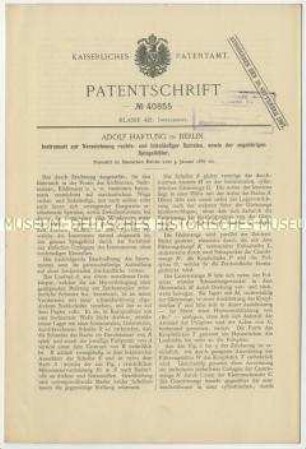 Patentschrift eines Instrumentes zur Verzeichnung rechts- und linksläufiger Spiralen, sowie der zugehörigen Spiegelbilder, Patent-Nr. 40855