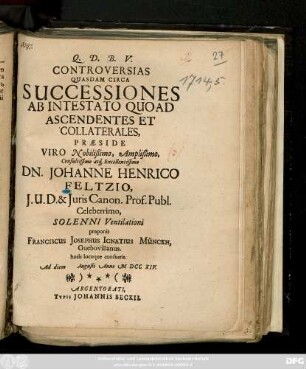 Controversias Quasdam Circa Successiones Ab Intestato Quoad Ascendentes Et Collaterales