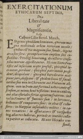 Exercitationum Ethicarum Septima, De Liberalitate & Magnificentia