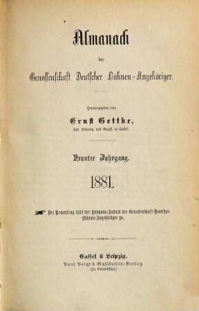 Almanach der Genossenschaft Deutscher Bühnen-Angehöriger : (Gettke's Bühnen-Almanach), 9. 1881