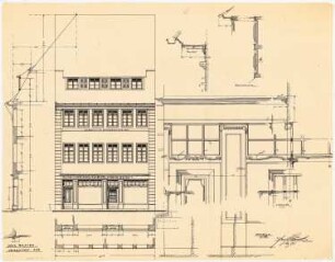 Fassaden der nach dem Brand am 17. Juni 1915 wiederaufgebauten Häuser, Duderstadt: Aufriss: Ansicht von der Straße 1:50; Fassadenschnitte horizontal und vertikal 1:50; Details 1:10: Türen, Traufschnitte