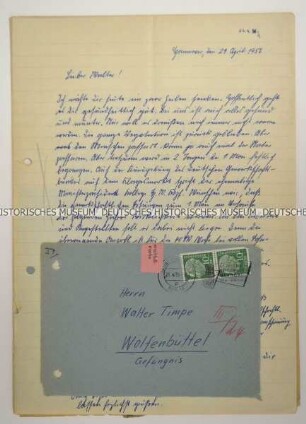Serie von 6 Briefen eines Kollegen an den Journalisten Walter Timpe während seiner Haft in der JVA Wolfenbüttel