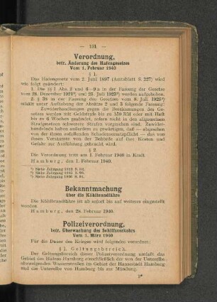 Polizeiverordnung, betr. Überwachung des Schiffsverkehrs Vom 1. März 1940