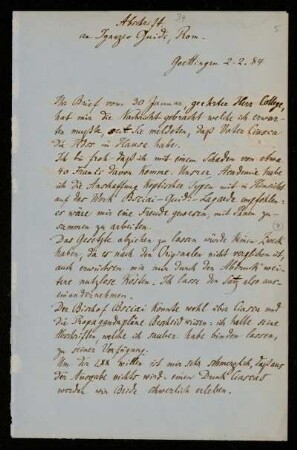 Nr. 5: Brief von Paul de Lagarde an Ignazio Guidi, in einer Abschrift von Anna de Lagarde, Göttingen, 2.2.1884