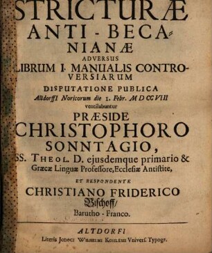 Stricturae anti-Becanianae adversus librum I. Manualis controversiarum