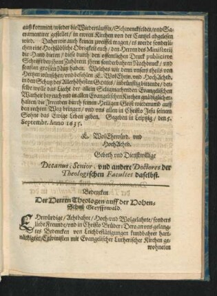 Bedencken Der Herren Theologen auff der DohenSchule Greyffswald.