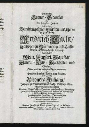 Wehemüthige Trauer-Gedancken über den Hintritt dess Friderich Carln, Hertzogen zu Würtemberg und Teckh