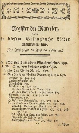 Register der Materien, wovon in diesem Gesangbuche Lieder anzutreffen sind.
