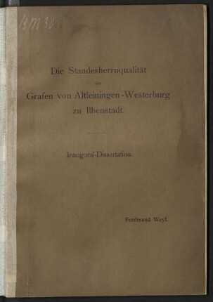 Die Standesherrnqualität der Grafen von Altleiningen-Westerburg zu Ilbenstadt