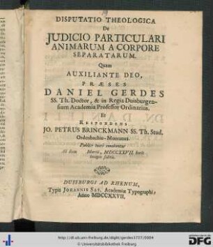 Disputatio Theologica De Judicio Particulari Animarum A Corpore Separatarum