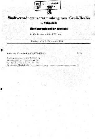 Nr. 4, 9. Dezember 1946, Außerordentliche Sitzung