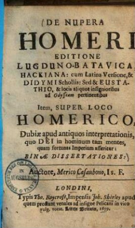 De nupera Homeri : editione Lugduno-Batavica, Hackiana ...