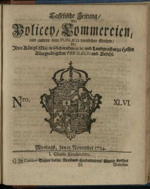 Nro. XLVI, Montags, den 15. November 1734