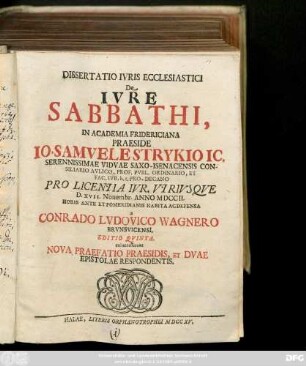 Dissertatio Ivris Ecclesiastici De Ivre Sabbathi