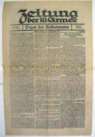 Revolutionsausgabe der Kriegszeitung der 10. Armee als "Organ des Soldatenrates"
