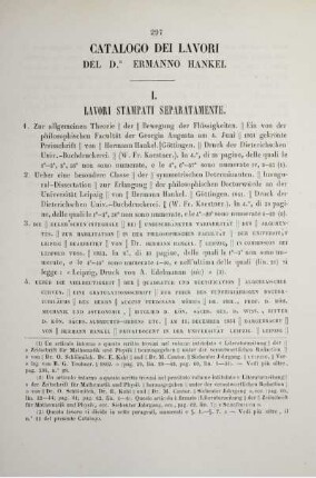 Catalogo dei lavori del Dr. Ermanno Hankel.