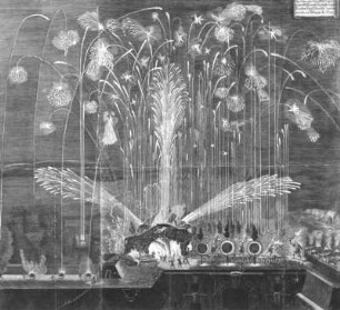 Des Herkules Feuerwerk auf dem hohen Walle in der Kurfürstl. Sächs. Residenzstadt Dresden verbrennet den 28. Februar 1678 : Des Herkules Feuerwerk auf dem hohen Walle in der Kurfürstl. Sächs. Residenzstadt Dresden verbrennet den 28. Februar 1678. Kupferstich; 53,3 x 58,4 cm (in 4 Teilen). Aus: G. Tzschimmer. Die Durchlauchtigste Zusammenkunft ..., Nr. 28, S. 307. Nürnberg, 1680. Dresden: SLUB Hist. Sax. C 150