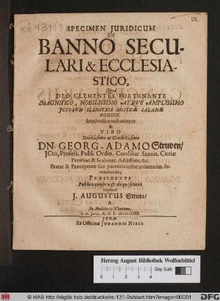 Specimen Iuridicum De Banno Seculari & Ecclesiastico