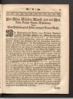 Dero Röm. Käyserl. Majestät und des heil. Röm. Reichs Reuter-Bestallung.