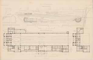 Empfangsgebäude des Görlitzer Bahnhofs, Berlin: Lageplan, Grundriss EG (aus: Atlas zur Zeitschrift für Bauwesen, hrsg. v. G. Erbkam, Jg. 22, 1872)