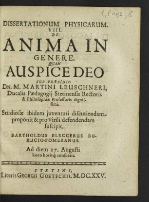 Dissertationum Physicarum ... De Anima In Genere