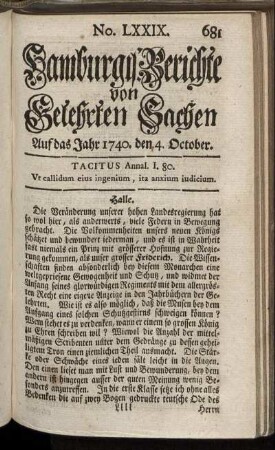 No. LXXIX. Auf das Jahr 1740. den 4. October. - No. LXXXVI. Auf das Jahr 1740. den 28. October.
