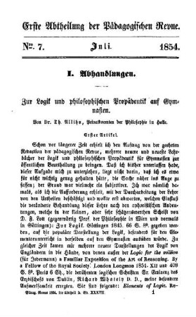 Zur Logik und philosophischen Propädeutik auf Gymnasien : erster Artikel