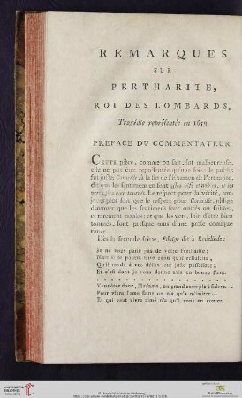 Remarques sur Pertharite, Roi des Lombards, Tragédie représentée en 1659