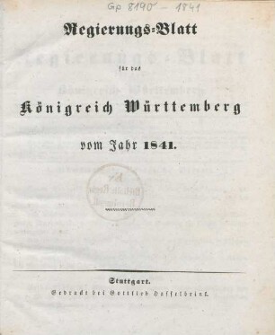 1841: Regierungsblatt für das Königreich Württemberg