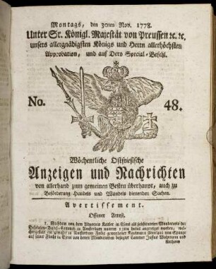No. 48. Montags, den 30ten Nov. 1778.