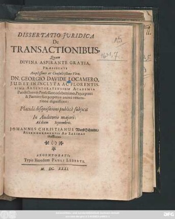 Dissertatio Iuridica De Transactionibus