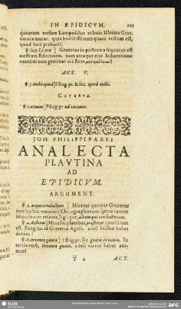 Joh. Philippi Parei Analecta Plautina Ad Epidicum