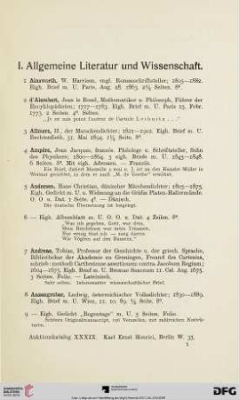 I. Allgemeine Literatur und Wissenschaft (Nr. 1-413)