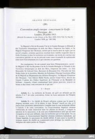 (29) Convention anglo-turque concernant le Golfe Persique, [et]c. Londres, 29 juillet 1913