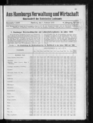 1. Hamburger Kleinhandelspreise und Lebenshaltungskosten im Jahre 1929.