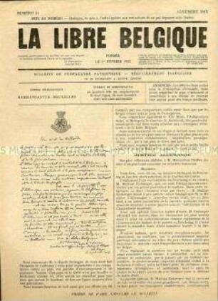 Illegale Wochenzeitung aus dem besetzten Belgien "La Libre Belgique" u.a. zu den Intentionen und Zielen von "La libre Belgique"