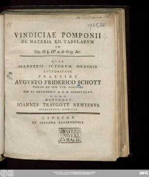 Vindiciae Pomponii De Materia XII. Tabvlarvm In Cap. II. §. IV. π. de Orig. Iur.