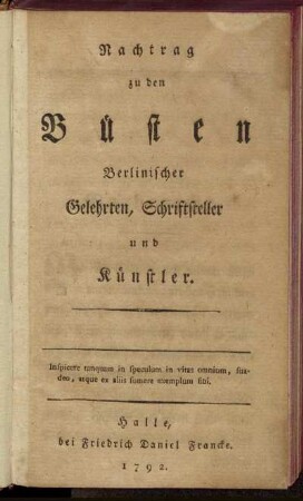 Nachtrag zu den Büsten Berlinischer Gelehrten, Schriftsteller und Künstler