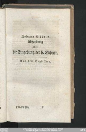 Johann Kiddel's Abhandlung von Eingebung der h. Schrift.