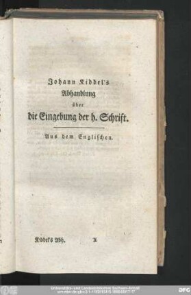 Johann Kiddel's Abhandlung von Eingebung der h. Schrift.