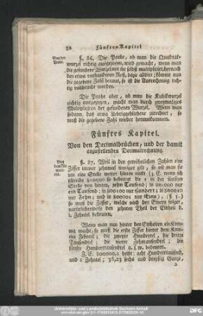 Fünftes Kapitel. Von den Decimalbrüchen, und der damit anzustellenden Decimalrechung.