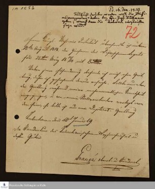 Brief von Henri Frédéric Grangé an das [Georg Christian Knapp].