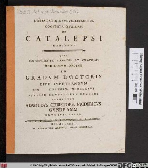 Dissertatio Inavgvralis Medica Cogitata Qvaedam De Catalepsi