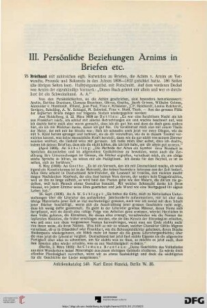 III. Persönliche Beziehungen Arnims in Briefen etc. (Nr. 75-101)