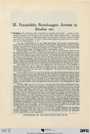 III. Persönliche Beziehungen Arnims in Briefen etc. (Nr. 75-101)